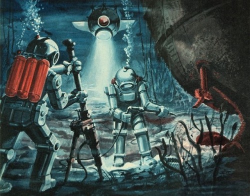 What to do with radioactive waste? Bury it deep in the ocean floor with “muscle motors”.1962 illustr