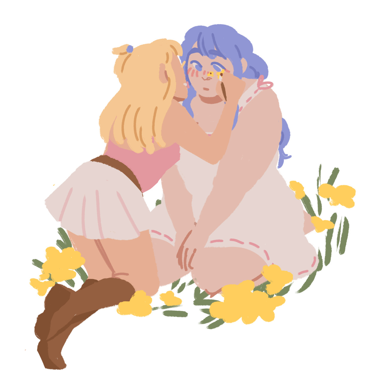 [ID: A partially lineless digital illustration of Lucy and Juvia from Fairy Tail. Juvia is wearing a white sundress and Lucy is wearing a pink tank top and a white skirt. They are knelt in a field of yellow flowers and Lucy leans forward to paint similar yellow flowers on Juvia’s cheek. End ID.]Top 10 Images that would have given me a clue in middle school,,, #luvia#lucyxjuvia #lucy x juvia #rarepairs2022 #anyway. #fairy tail#juvia lockser#juvia loxar#lucy heartfilia
