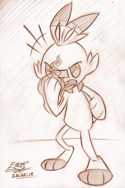 Domon Scorbunny [02.28.2019]
- — - — ~ — - — -
Process:
- 4H and HB Pencil on Scratch paper.
- Color shifted in Fireworks.