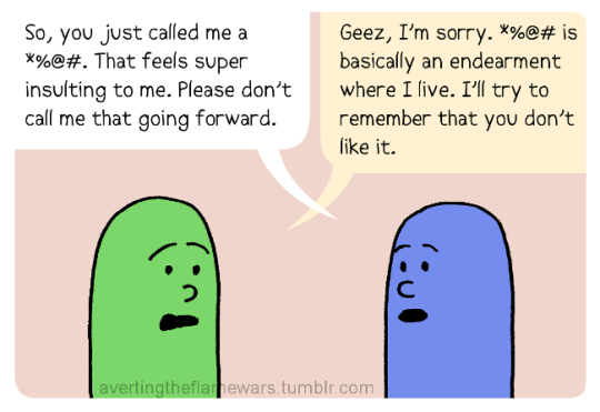 Image: Blue person 2: So, you just called me a *%@#. That feels super insulting to me. Please don’t call me that going forward. Green person: Geez, I’m sorry. *%@# is basically an endearment where I live. I’ll try to remember that you don’t like it.