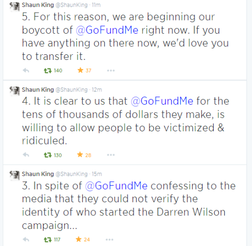 androdjinni:
“ smearedwithscreams:
“ (Images should be read from the bottom, up.)
GoFundMe is allowing a campaign for people to donate money to Darren Wilson, the cop who killed Michael Brown in Ferguson, MO.
When called on this, and how it violates...