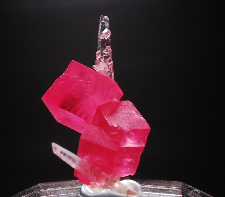 mineralists:  Bright cherry red Rhodochrosite with Quartz and light purple Fluorite. Sweet