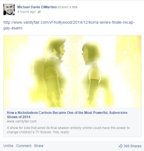 donquixote-coraz0n:  so if the fact that mike literally shared an article where one of the main points is “these two great bisexual girls are now dating and it is great” doesnt convince you that yes korrasami is canon that final scene was meant to