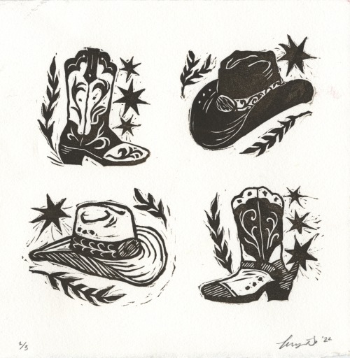 blue-nebraska: mini boot and hat linocut prints available hereID: Two photos of a relief print of tw