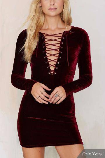 Burgundy Lace Up Velvet Mini Dress @ladyyoins @fashionistaswonderland @fashion-streetstyle @sourceof