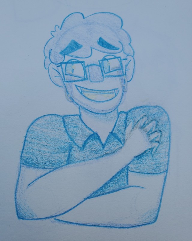 a blue colored pencil drawing of Patton. he is smiling widely but stiffly, tears streaming down his face. his arms are crossed over himself, one hand clutching at his shirt