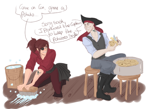 viella-art:  SNK Pirate AU based on a D&D campaign I’m currently playing.  The eruri bit is based on my character who fell in love with a soldier and has tried everything from seduction to threats to get his lover on board of his pirate ship. In