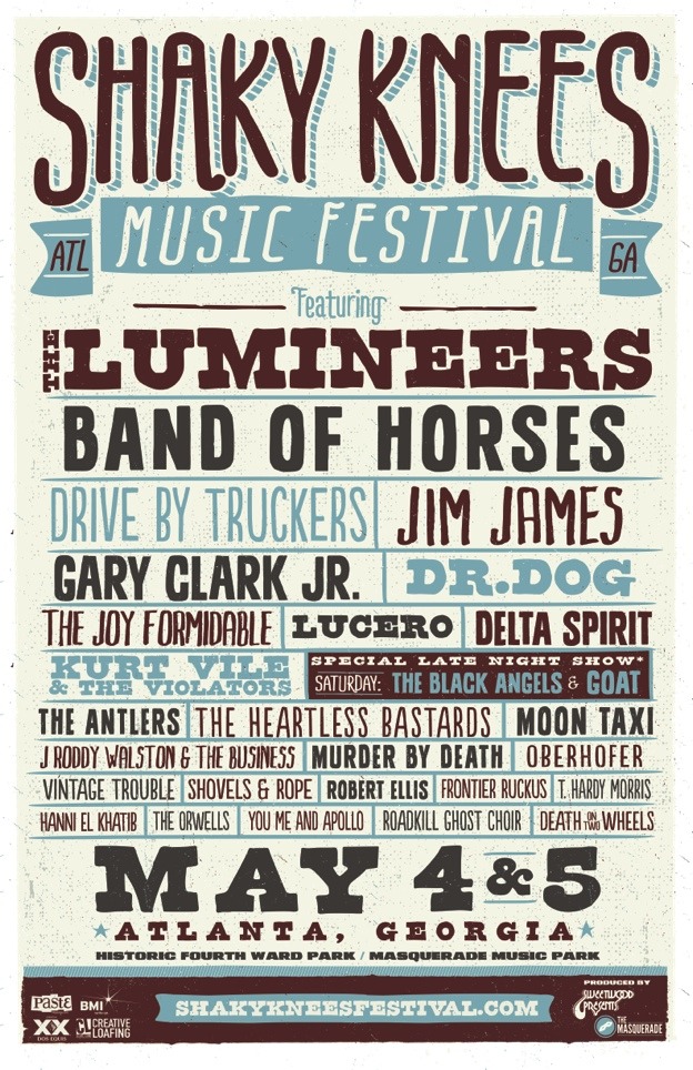 The inaugural Shaky Knees Music Festival is coming to Atlanta the weekend of May 4th with headliners including The Lumineers + Band of Horses. More info here.