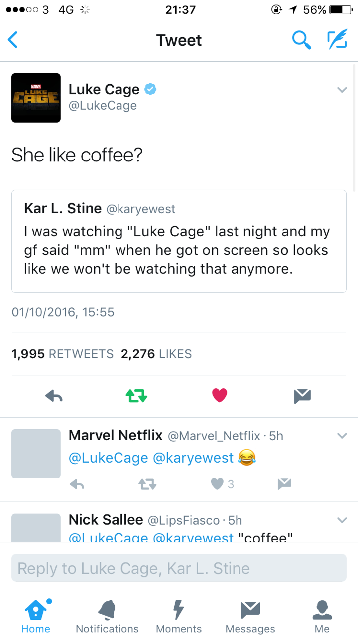 steveandsam:  I HATE WHOEVER RUNS THE LUKE CAGE TWITTER ACCOUNT LOOOOOOOOL