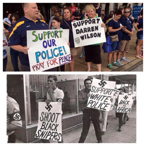 fatfeistyandfashionable:  contentkiller:  pernellc:  @RussellWebster: Now they just say “Support ‘our’ police” and everyone knows what they mean. http://t.co/b10zWkXDll  Disgusting excuses for human beings. Fuck them.  Can you IMAGINE how horrified
