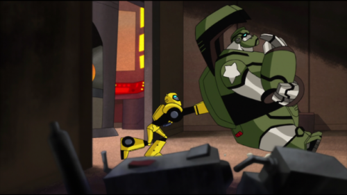 awkward-tfa-screencaps:Bee must be pretty strong for his size to be able to push Bulkhead around lik