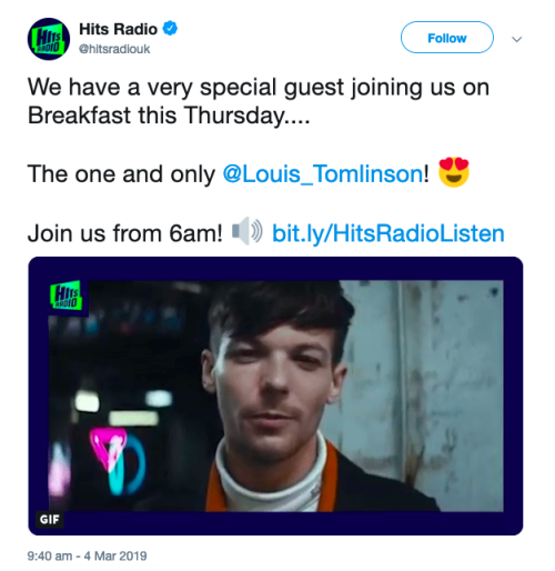 Louis will be on Hits Radio UK Thursday morning (March 7th) | Listen HERE