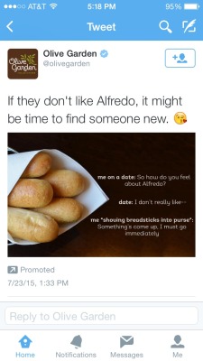 ibelieveinthelittletreetopper:  riverdoge:  Ya know, I wanna get mad at forced memes by corporations in an attempt to act “hip”, but I feel Olive Garden is the one place that is perfectly allowed to use this one  Finally. 