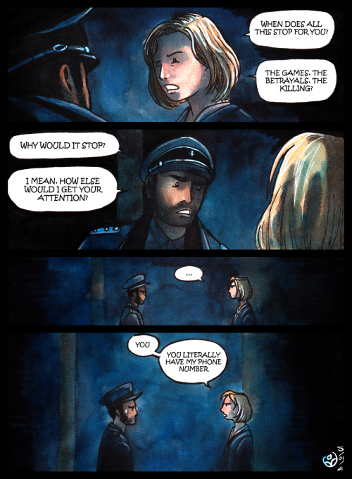 johannesviii:[Image: Doctor Who fan comic in blue tones. Thirteen and the Master on the Eiffel tower