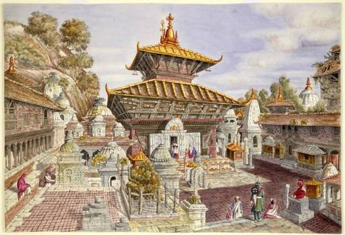 Watercolour of the temple of Mahadeva at Pasupati in Nepal, by Henry Ambrose Oldfiel