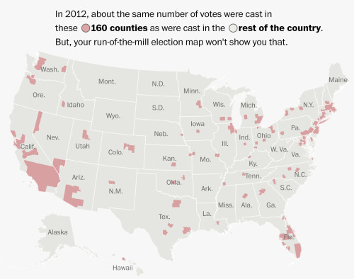 mapsontheweb: Half the number of votes cast in the 2012 U.S. election were cast in 160 counties.