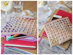 truebluemeandyou:  DIY Candy Colored Studded Bag Tutorial from Say Yes To Hoboken here. Don’t these studs kind of remind you of those strips of dot candies? I would not make the pouch/bag because I am lazy and you can buy them so cheaply - and after