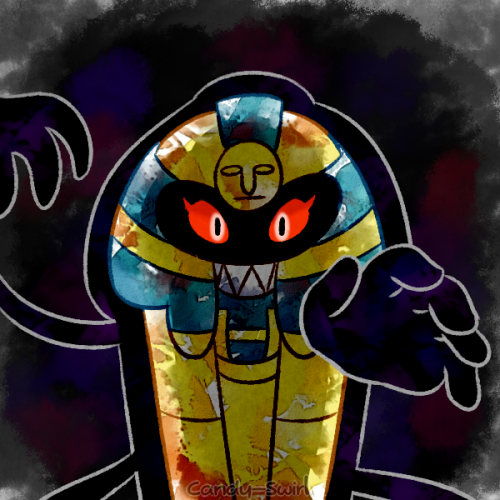 dottdoodles:Day 29: Scariest Pokemon —> Cofagrigus When I first saw Cofagrigus’s official image it freaked me out. With the glowing eyes and slasher smile and those ominous creepy hands. I like it a lot though and wanted to catch one right away