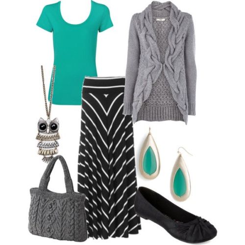 Long skirt. Grey sweater. Teal Accents.Click to check a cool blog!Source for the post: Click