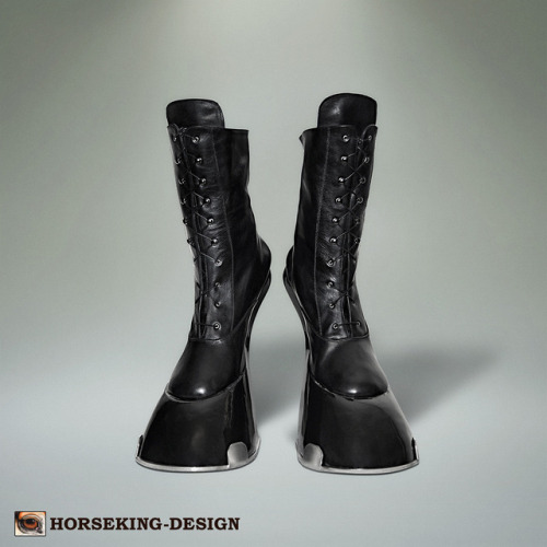 training-your-property:  horseking-design:  Draft horse boots with shiny surface and stainless steel horseshoes.  Knee high and ankle boot version, matt black leather.     Necessary gear for a proper pony.  Every beast used as a work or driving horse