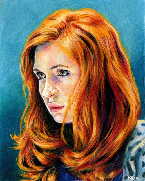 savethewailes: Karen Gillan (as Amy Pond) Portrait!  Colored pencils and acrylics, 5x6″