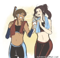 beroberos:  Hey guys! Haven’t posted art in a couple weeks, but now that it’s break and I’m done with all my school related crap I’m gonna be posting art more frequently. So here’s some Korra and Asami after a workout   workout buddies~ | D&rsquo;&ldquo;