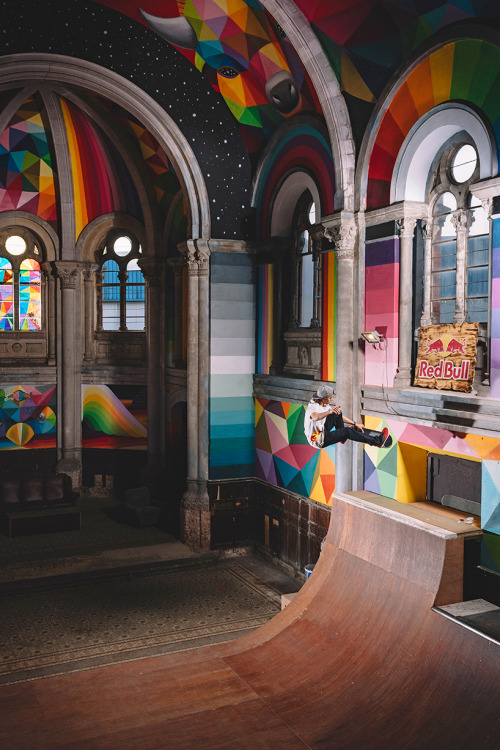 littlelimpstiff14u2:  Okuda San Miguel paints colourful mural within converted church’s indoor skate park A historic church in the Spanish municipality of Llanera, Asturias is no ordinary place for parishioners. instead, the site has  been made into