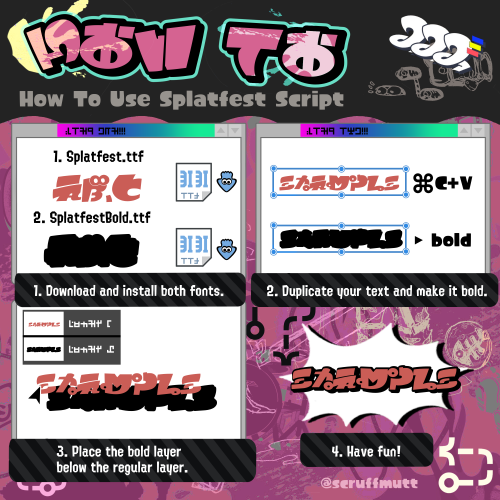 How to use splatfest script: 1. download and install both files. 2. duplicate your text and make it bold. 3. place the bold layer below the regular layer. 4. have fun! @scruffmutt