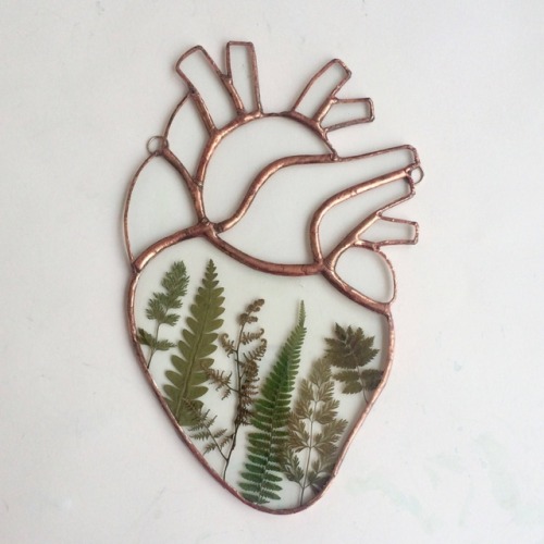 sosuperawesome:Pressed Ferns and Flowers Stained Glass Anatomical Hearts, by Cedar and Spruce Studio