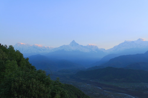 The sun rising over the Annapurna range of the Himalayas in Pokhara, Nepal.© fred postles