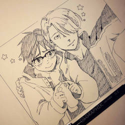 chusska-art:  Day 8 of Inktober!I drew Yuri and Viktor taking the slefie they deserved (/7\) Aaaaaah how is this show real??