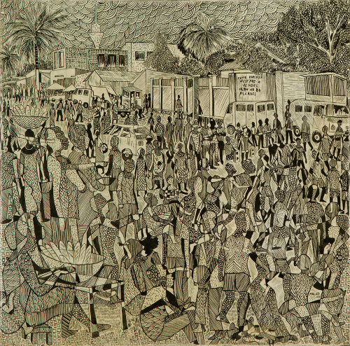 amare-habeo:

Houston Maludi (Congolese, born 1978)Kinshasa Street Scene, 2009Indian ink on canvas, 40.2 x 40.2 cm #houston maludi#congolese art