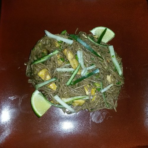 Soba Noodles in a Sweet Chili, Ginger, Garlic, Scallion, Cilantro, Tamari, Agave Nectar sauce w/ Aga