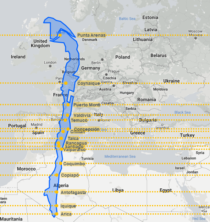 Chilean regional capitals overimposed over Europe... - Maps on the Web