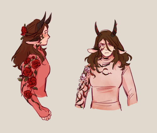 fishhberries:Local Dryad Goes Feral[id: two drawings of hannahxxrose, a a woman with light skin and 