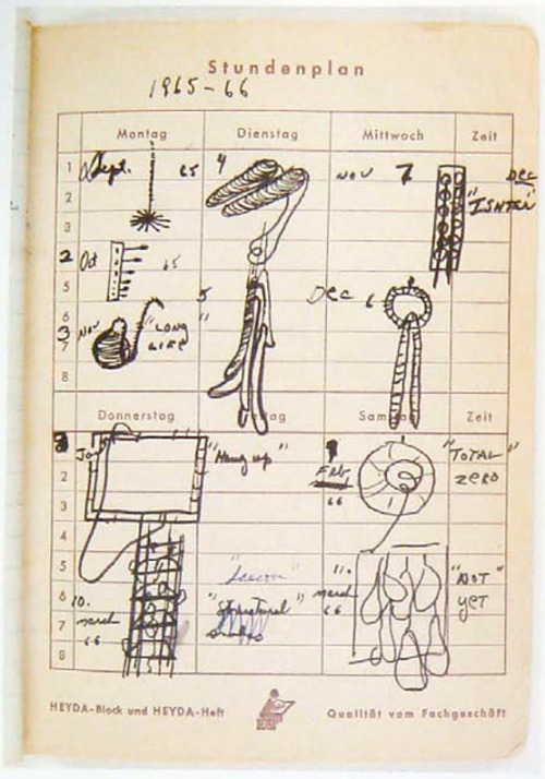 Eva Hesse and her notes for the sculptures she did between 1965-66. She used a german “Stunden
