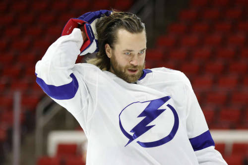 Victor Hedman #77 of the Tampa Bay Lightning warms up prior to their game against the Carolina Hurri