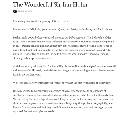 seralicetarrant: richardarmitagefanpage: A beautiful tribute to Sir Ian Holm by Peter Jackson. If yo