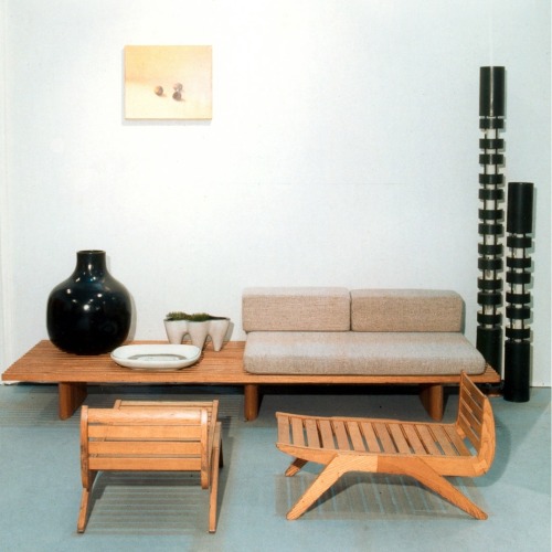 inspografik:Charlotte Perriand, Tokyo bench, ca. 1955 and Low armchairs, 1954. Ceramics by Georges J