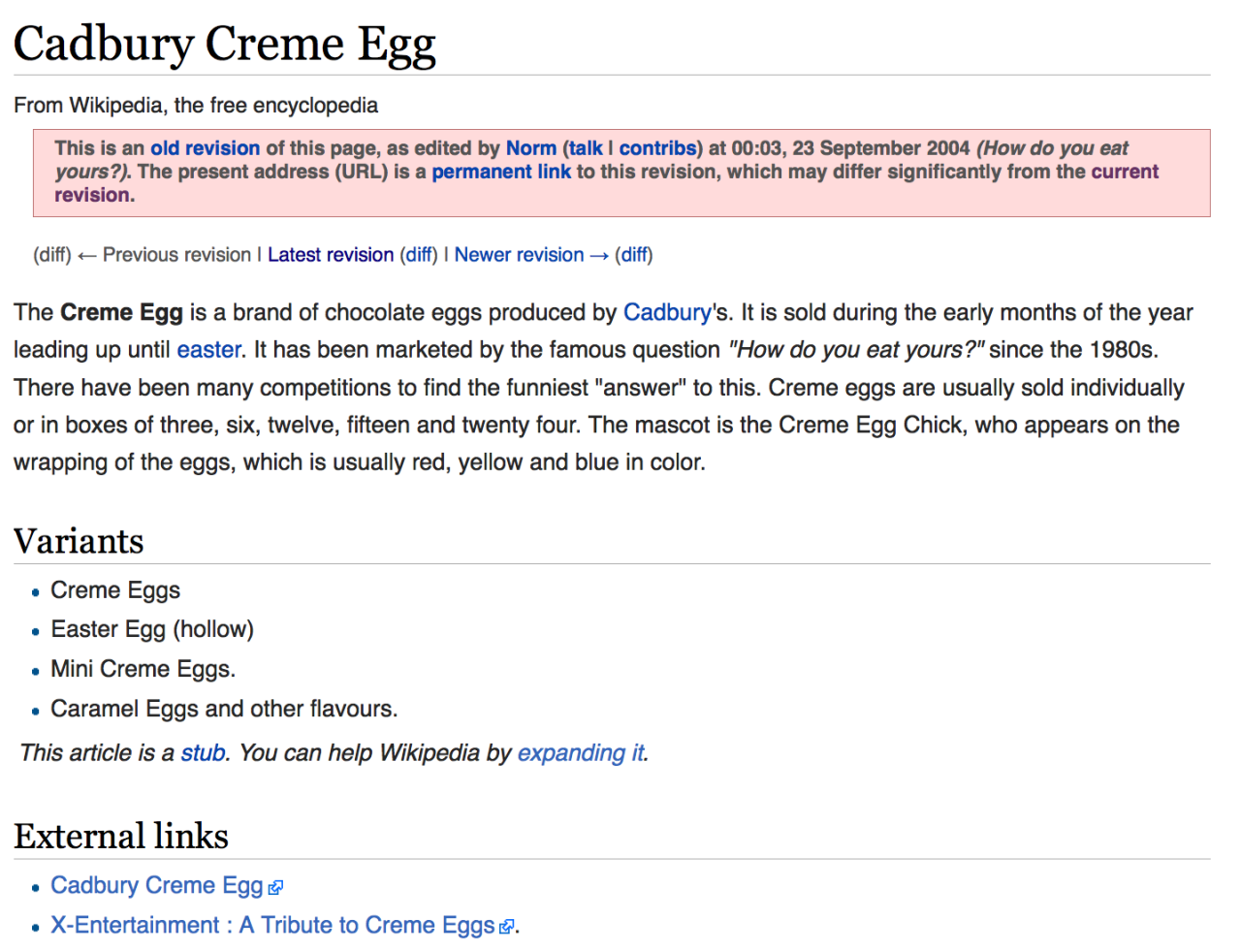 Article: Cadbury Creme Egg
Revision: 23 September 2004