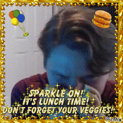 a picmix edit of jerma eating a burger sped up, in sparkly captioned 'sparkle on! it's lunch time! don't forget to eat your veggies!'