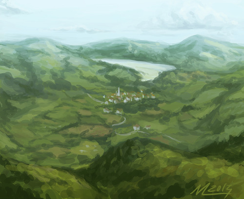 Speedpaint of the town and lake of Furnas (São Miguel, Azores).