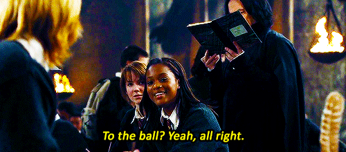 thefaultinourserenity:  partiallythere:  reggiephelps:   Oi! Angelina!  One of the most memorable scenes in Harry Potter. George asking his future wife to the ball.  No one gonna take note of how Snape is pretending to not notice? lol  Except Fred asked