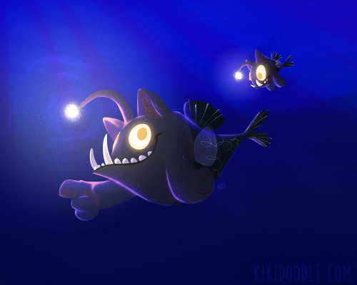 #purrmay day 9 is &ldquo;Deep sea&rdquo; so I drew a Bombangler leading a Bombanglet through