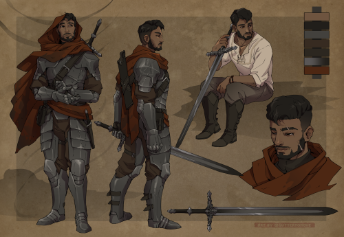 A character design sheet. The character is a male human, with brown skin and dark hair. He has a short, neatly trimmed beard and a scar that runs from his left eyebrow to the corner of his jaw. He is wearing plate armor and a worn-looking red cloak, and is wielding a two-handed sword with an elaborate hilt.