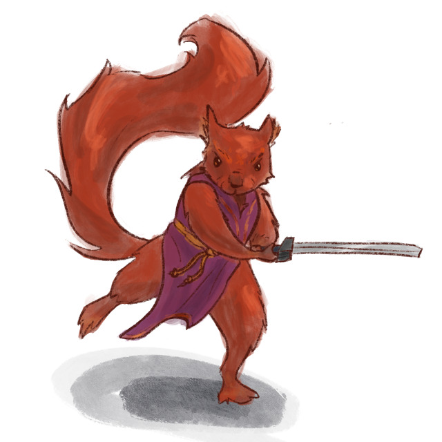 a digital drawing of Triss from the Redwall series, holding the sword of Martin the Warrior in both paws and charging at the viewer. she's wearing a purple tabard secured with a golden cord.