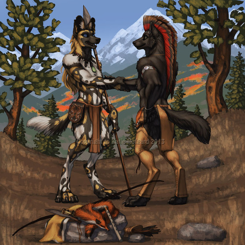 eskiworks:  Full illustration commission done for Smokepaw and Utunu!  Utunu (African Wild Dog) has traveled a long way from African to meet with his long time friend Smokepaw (Wolf) in the Rocky Mountains to trade a few special items. The day is crisp