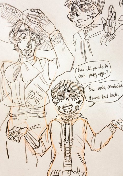 purpleorange:miguel/hector reverse AU doodles.Miguel is Imelda’s younger brother who’s gone missing(