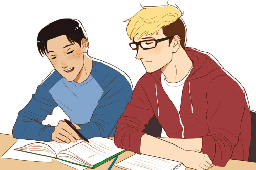 lazy-afternooner:  More fluffy college AU with some of your lovely suggestions. I am displeased with the inadequate amount of Marcos in pink.
