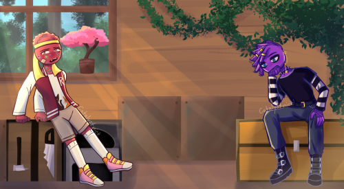 Fanart. Scene redraw of Red and Purple sitting inside a Jungle treehouse. Red is talking about how he couldn't prank Green. Purple is thinking of how to help Red.